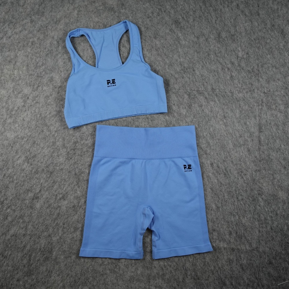 PE Nation Set Women XS/S? Blue Ribbed Seamless‎ High Waist Sports Bra Shorts